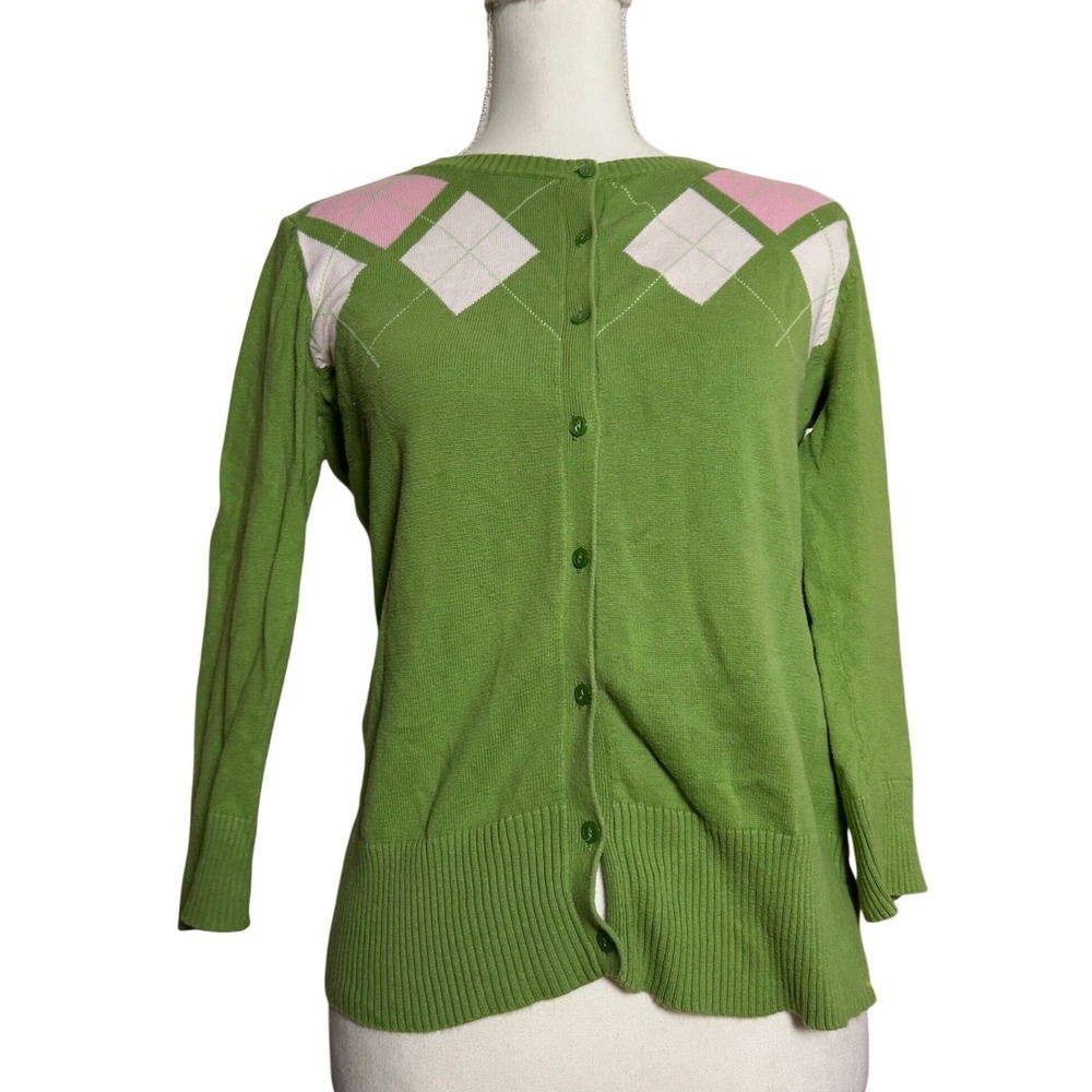 Y2K Cherokee Green Argyle Cardigan Sweater‎ Women's Size S Pink White Preppy